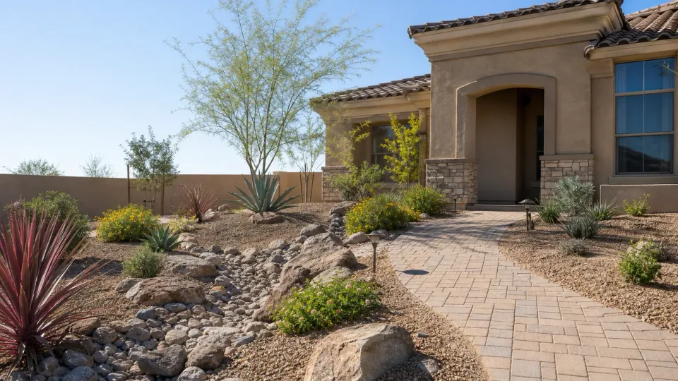 Finished Gilbert desert front yard with pavers, rock, shade trees, and low-water planting