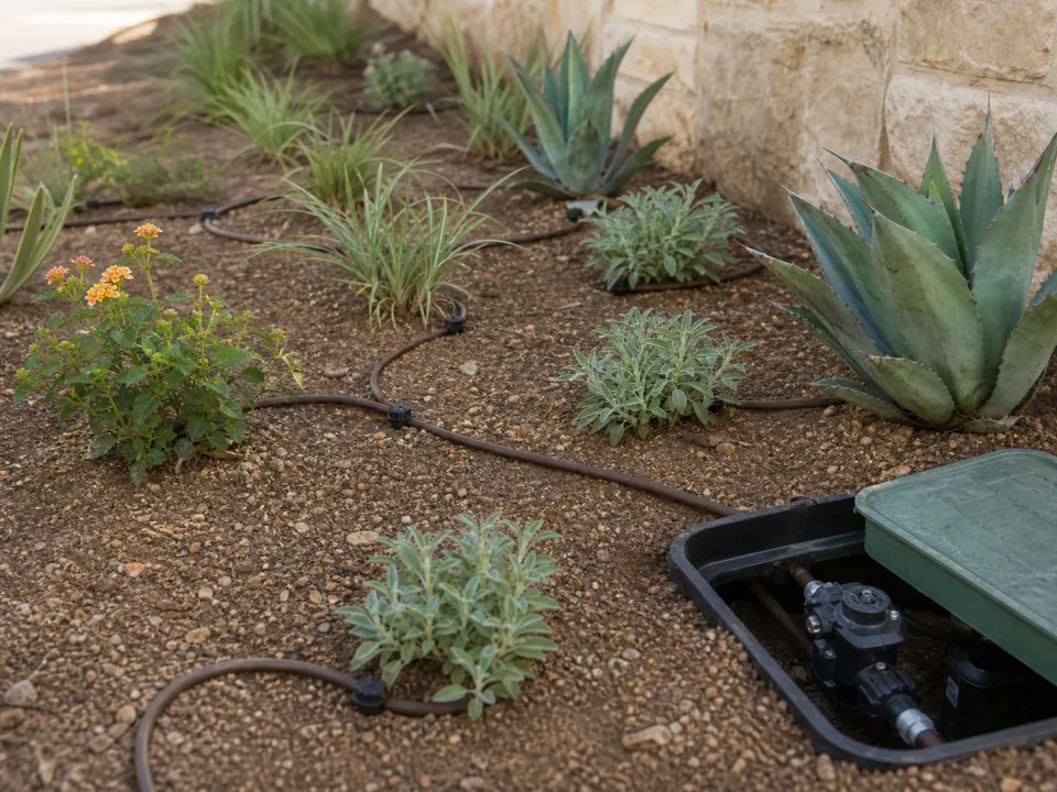Drip irrigation repair beside pavers and low-water plants in a Gilbert landscape