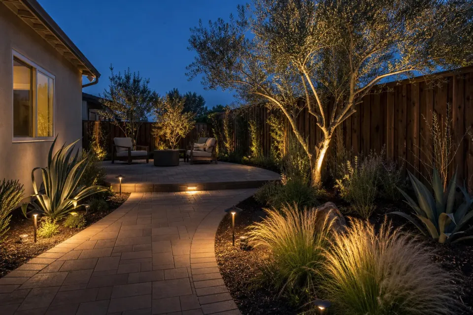 Warm low-voltage landscape lighting along a Gilbert desert front yard at dusk