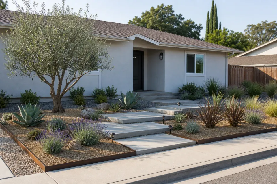 Completed East Valley landscape installation with desert plants, rock, defined borders, and a clean entry route