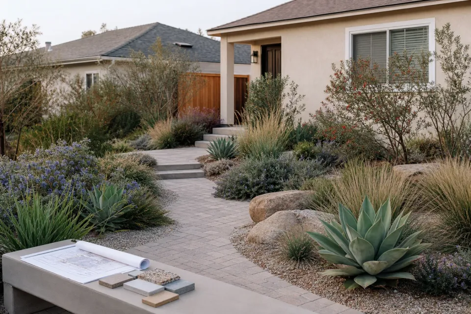 Designed Gilbert backyard with lawn, curved walkway, shade tree, and desert-adapted planting