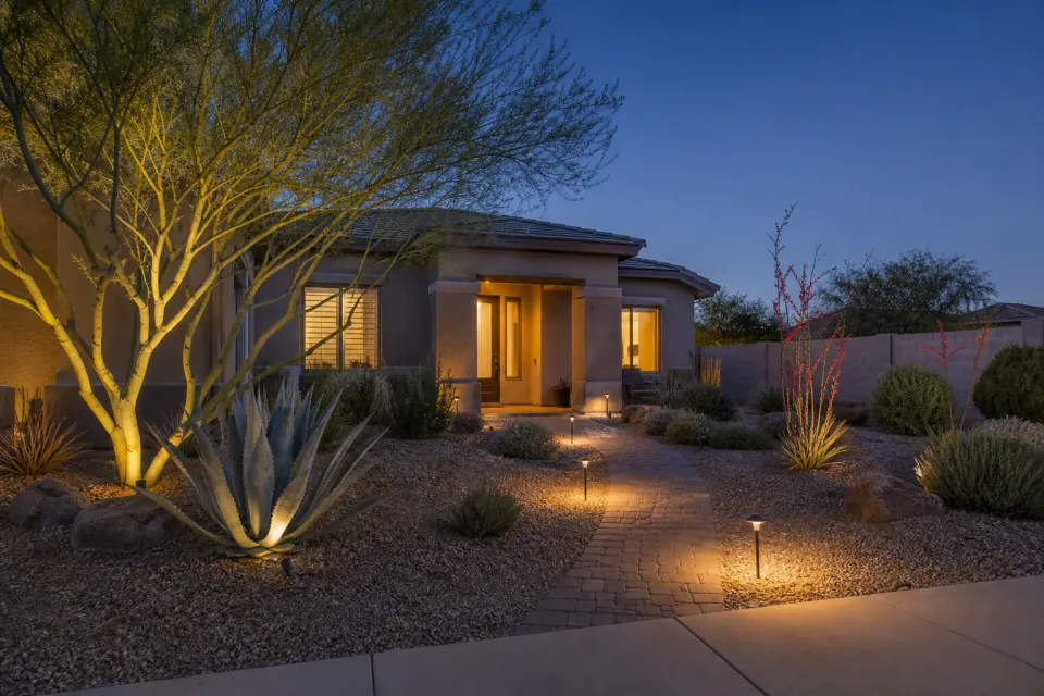 Warm low-voltage landscape lighting along a Gilbert paver entry at dusk