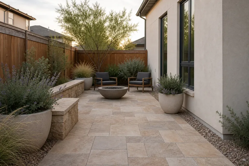 Detailed paver patio and walkway installation beside desert planting in Gilbert