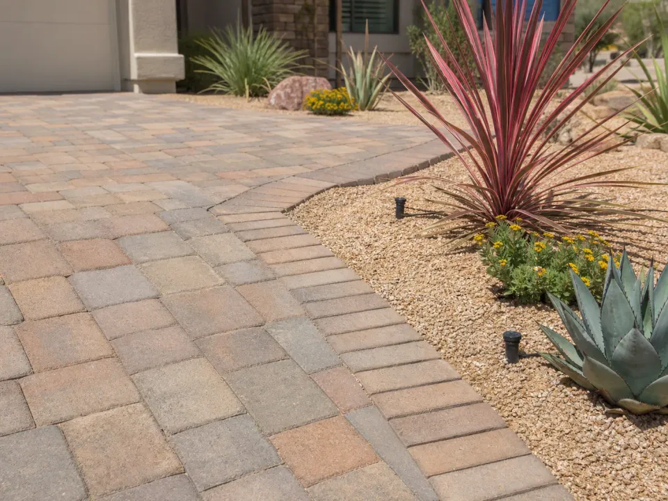 Curved hardscape walkway through a finished residential lawn