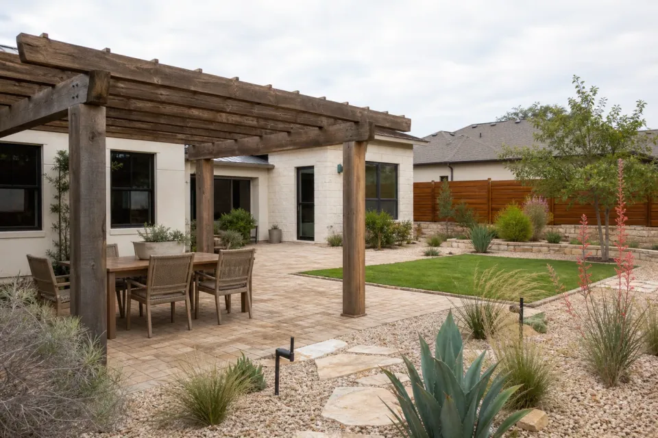 Family-friendly Gilbert backyard with shade, pavers, green space, and desert planting