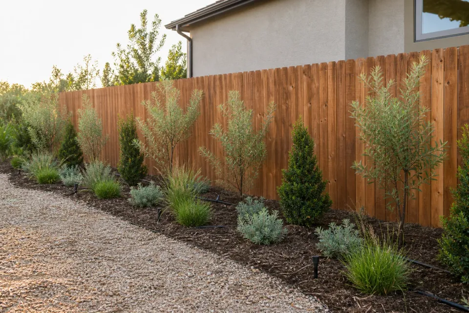 Young shade trees and shrubs arranged along a warm-climate residential yard