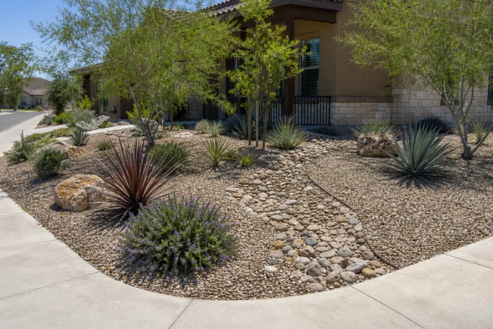 Residential bed, low retaining wall, and stone drainage channel