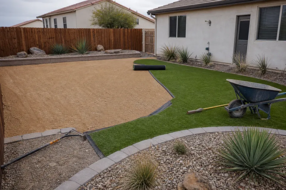 Artificial turf installation with prepared base and clean perimeter edges