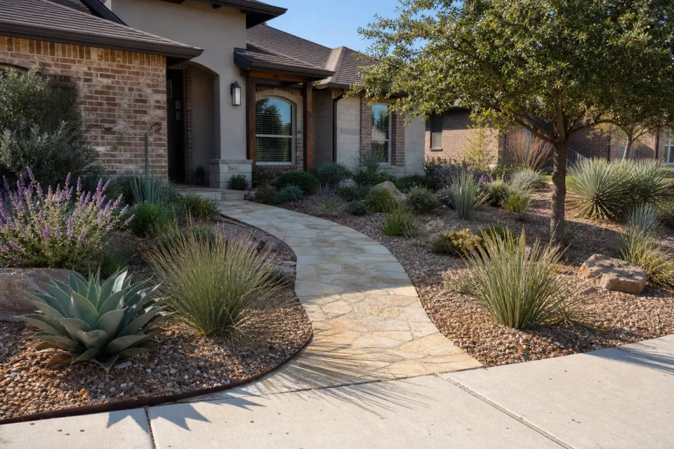 Low-water front yard with native grasses, agave, rock, and a stone walkway